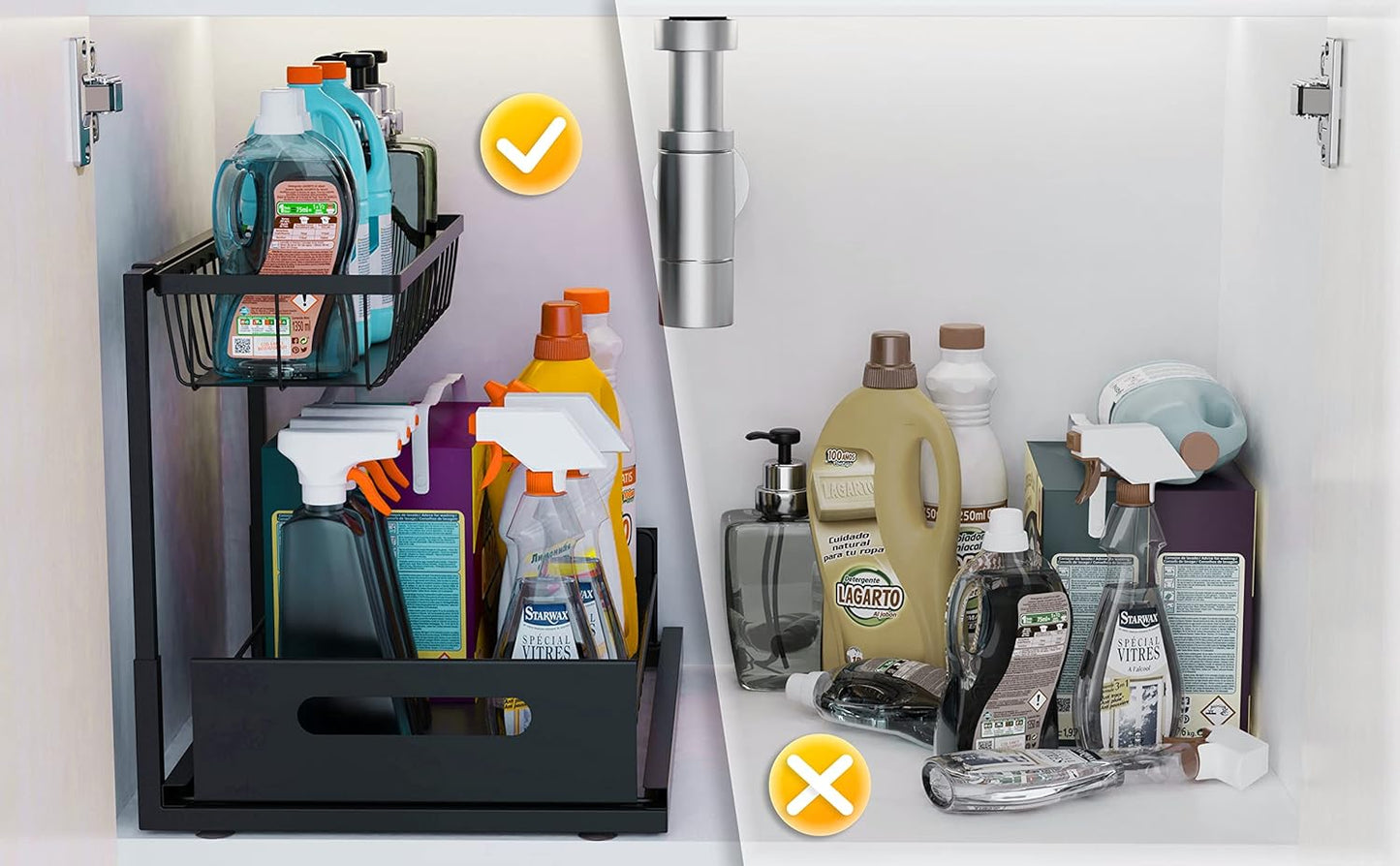 Under Sink Organizer and Storage, 2-Tier Cabinet Storage Shelves Cleaning Supplies Organizers Home Kitchen Bathroom Organization with Pull-Out Sliding Drawer (Black)