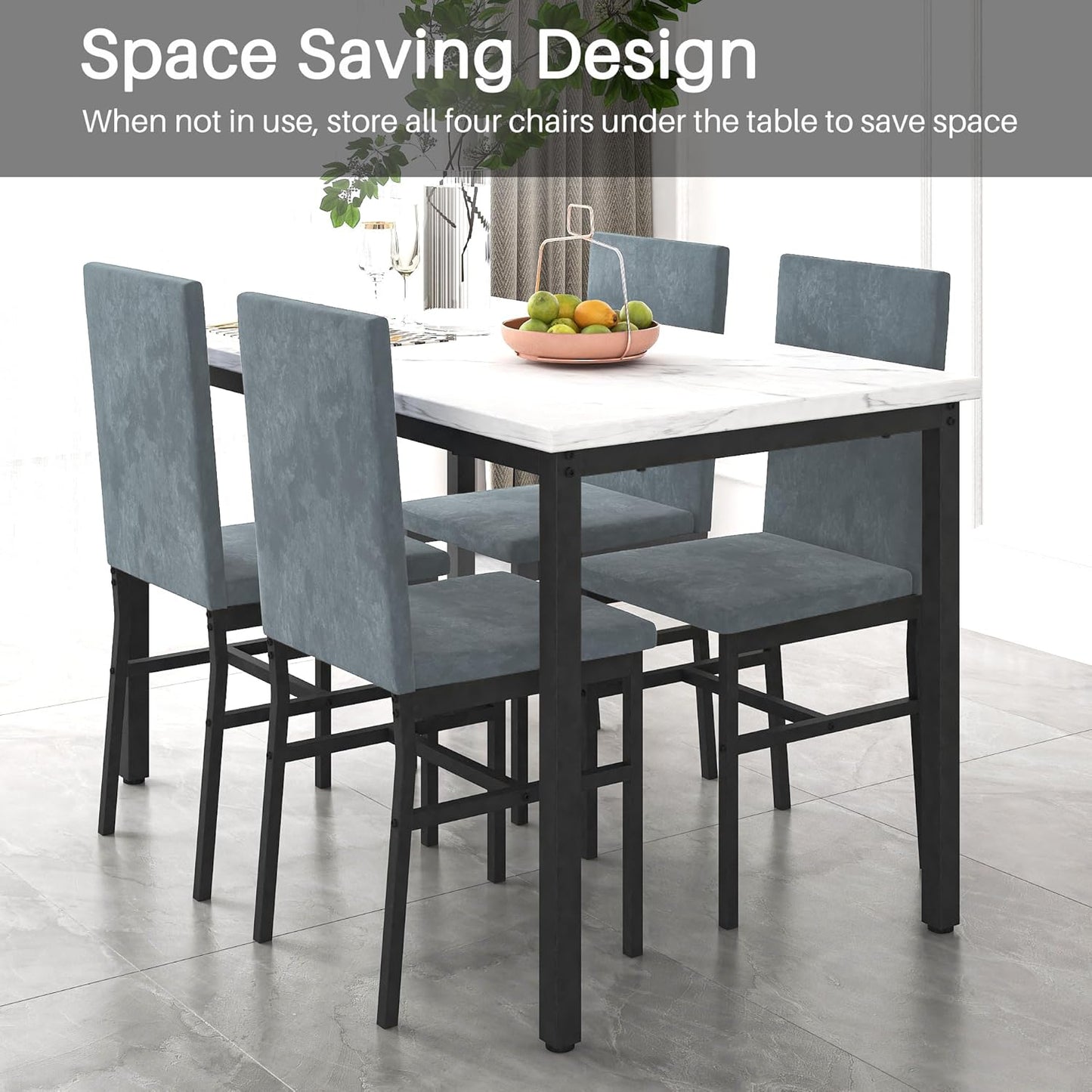 5 Piece DiningTable Set for 4, 47.2 Inch Modern Faux Marble Tabletop Dining Table Set, Kitchen Table Chairs Set with 4 Upholstered Velvet Chairs for Dining Room, Kitchen (Silver)