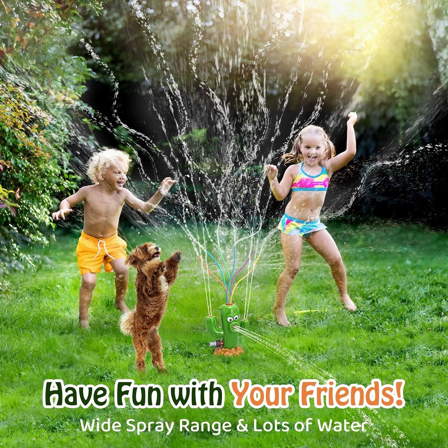HeySplash Water Sprinkler Toy, Sprinkler for Kids Outdoor Play, Sprinkler Toy with 6 Wiggle Tubes, Outside Backyard Lawn Toys, Splashing Fun for 3-8 Year Old Boys Girls, Attach to Garden Hose, Cactus