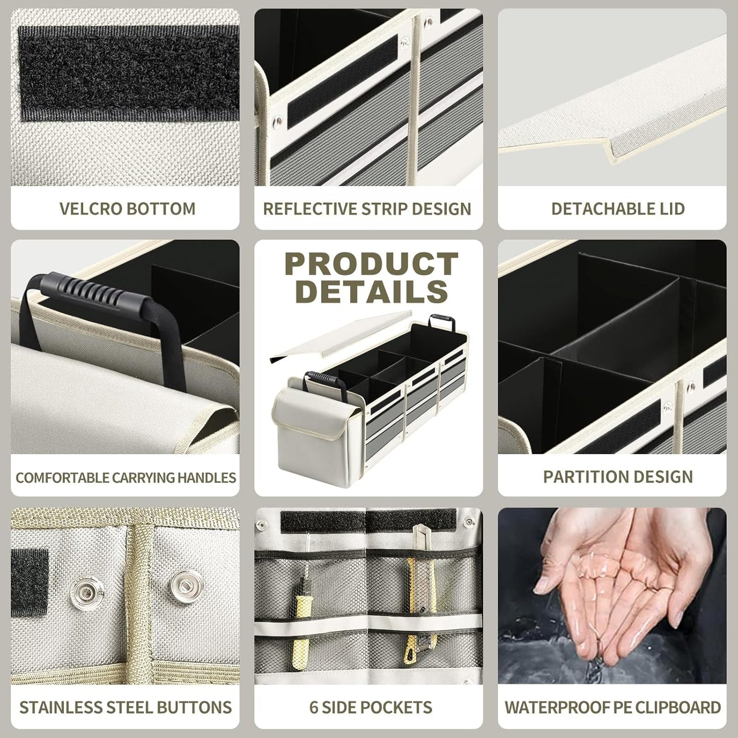 Car Trunk Organizer with Insulated Leakproof Cooler Bag, 4 in 1 Waterproof Portable Car Storage Organizer with Collapsible Cover, 3 Large Compartments, Trunk Organizer for SUV, Car, Truck (Beige)