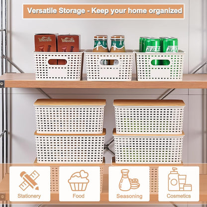 UHAPEER 6 PCS Storage Bins with Bamboo Lids Plastic Baskets Plastic Storage Containers for Organizing Stackable Storage Box with Handle for Shelves Drawers Desktop Closet Classroom Officeï¼ˆWhiteï¼‰