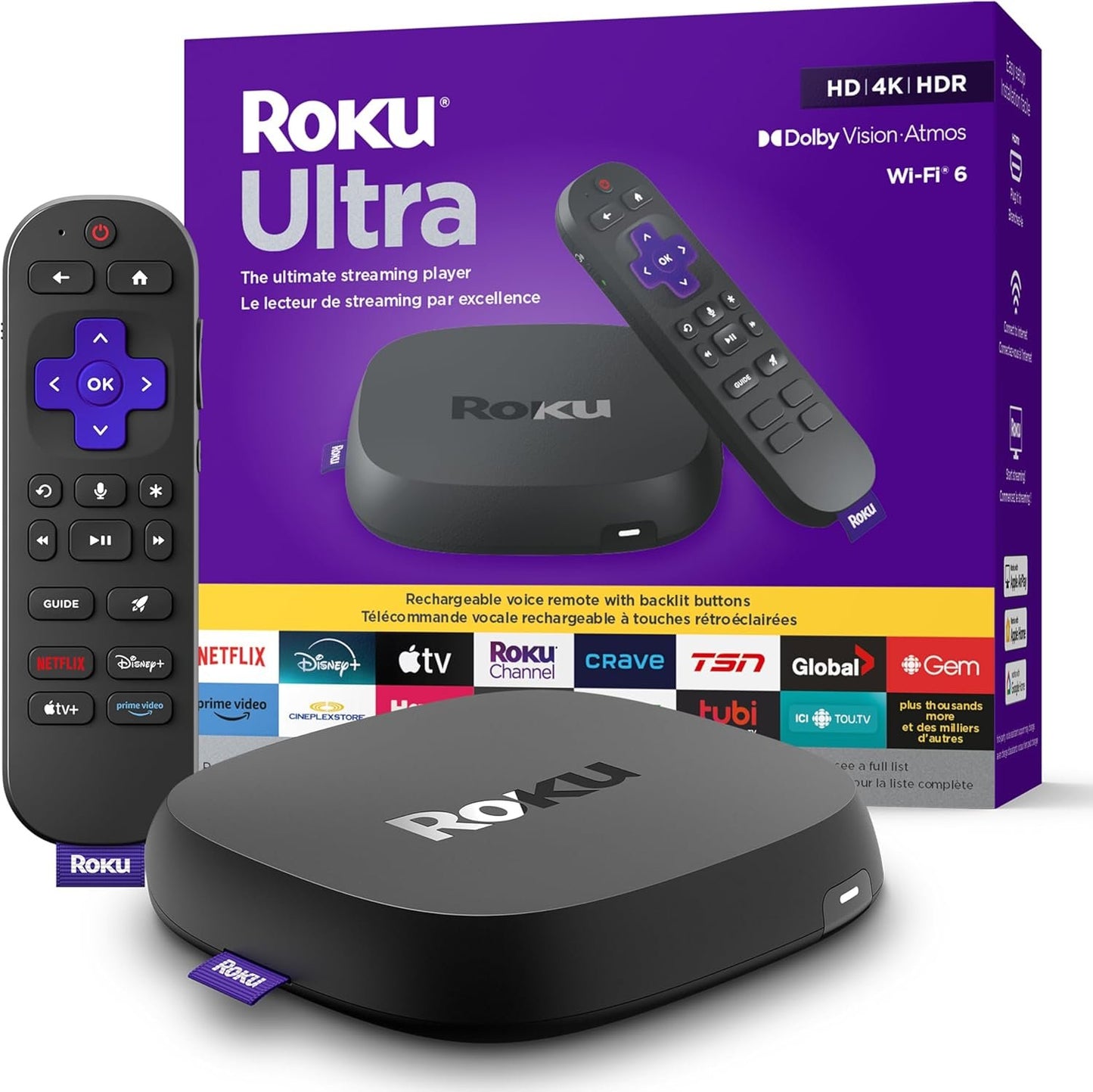 Roku Ultra 2024 | The Ultimate Streaming Player - 4K Streaming Device with HDR10+, Dolby Vision & Atmos - Bluetooth & Wi-Fi 6 - Rechargeable Voice Remote Pro with Backlit Buttons - Free & Live TV