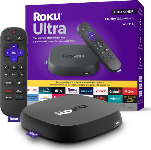 Roku Ultra 2024 | The Ultimate Streaming Player - 4K Streaming Device with HDR10+, Dolby Vision & Atmos - Bluetooth & Wi-Fi 6 - Rechargeable Voice Remote Pro with Backlit Buttons - Free & Live TV