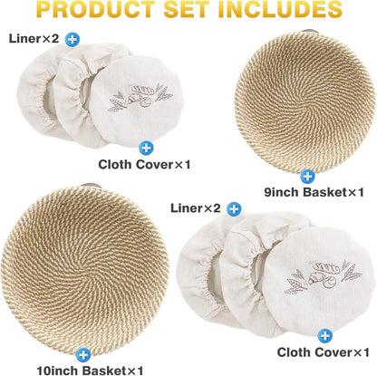 Nikkar Banneton Bread Proofing Basket Set of 2, 9 10 11Inch Round Oval Cotton Rope Sourdough Bread Baking Supplies Proofing Bowls with Liners & Covers Gifts for Bakers Women Wife Mom