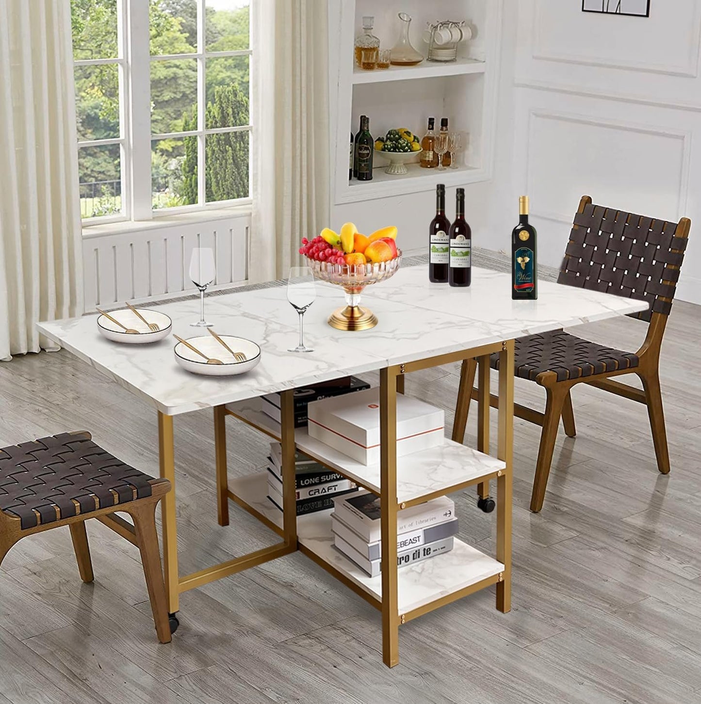 AT-VALY Folding Dining Table with 2 Storage Open Shelf Drop Leaf Extension Dining Table Top Folding 15.7" to 55.1" Kitchen Table (Gold)