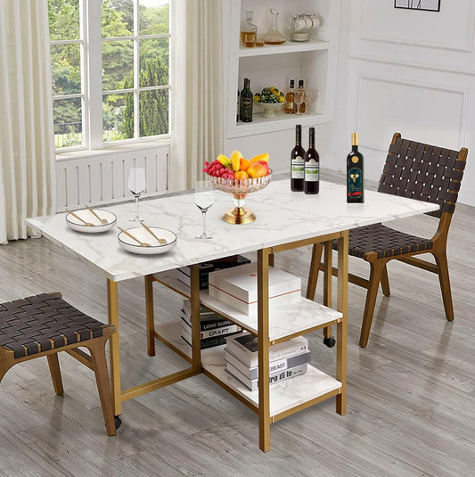 AT-VALY Folding Dining Table with 2 Storage Open Shelf Drop Leaf Extension Dining Table Top Folding 15.7" to 55.1" Kitchen Table (Gold)