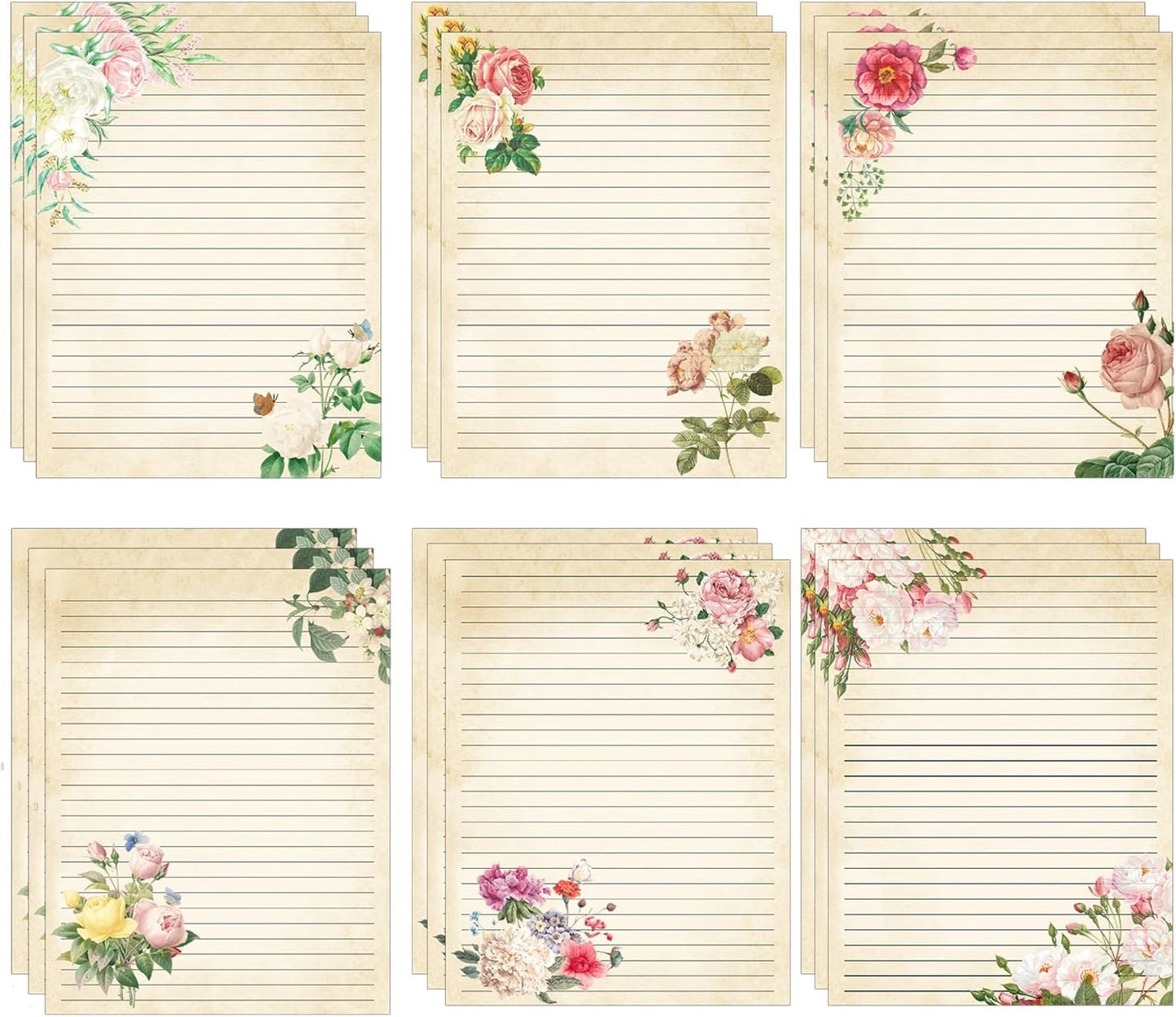 Retro Flower Stationery Letterhead Paper 60pcs Vintage Flowers Blosso Writing 8.5 x 11 Inch Spring Border Notes Greeting for Wedding Birthday Invitation Office School