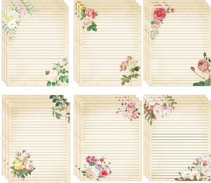 Retro Flower Stationery Letterhead Paper 60pcs Vintage Flowers Blosso Writing 8.5 x 11 Inch Spring Border Notes Greeting for Wedding Birthday Invitation Office School