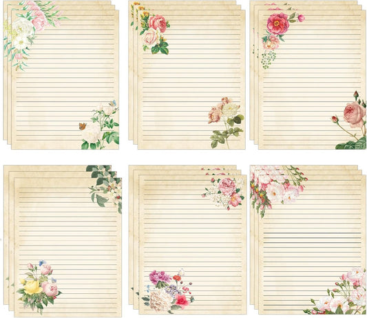 Retro Flower Stationery Letterhead Paper 60pcs Vintage Flowers Blosso Writing 8.5 x 11 Inch Spring Border Notes Greeting for Wedding Birthday Invitation Office School