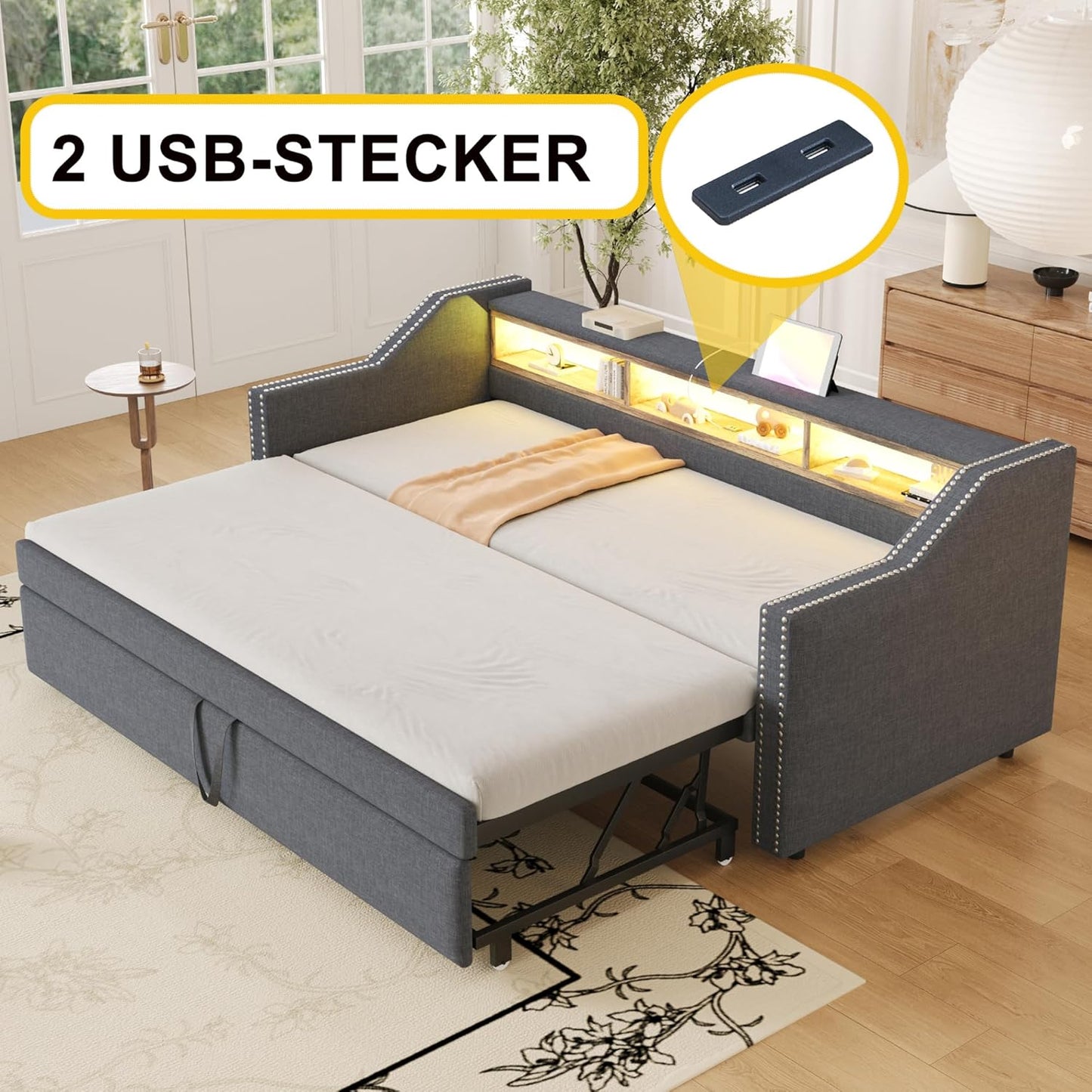 Lubvtti Trundle Sofa Bed 90/180 x 190 cm with Multi-Function Storage Box with LED Lighting and USB Socket, Dark Grey (Mattress Not Included)