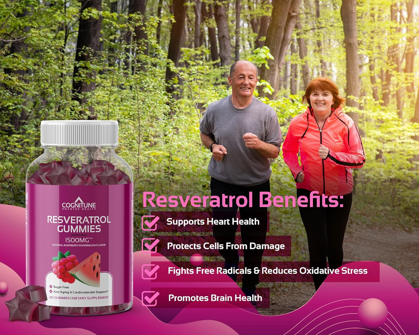 Resveratrol Gummies - Sugar Free Natural Raspberry Watermelon Flavor, 1500mg Resveratrol Supplement for Heart, Brain, Immune Support & Wellness, Powerful Antioxidant with Anti-Aging Benefits