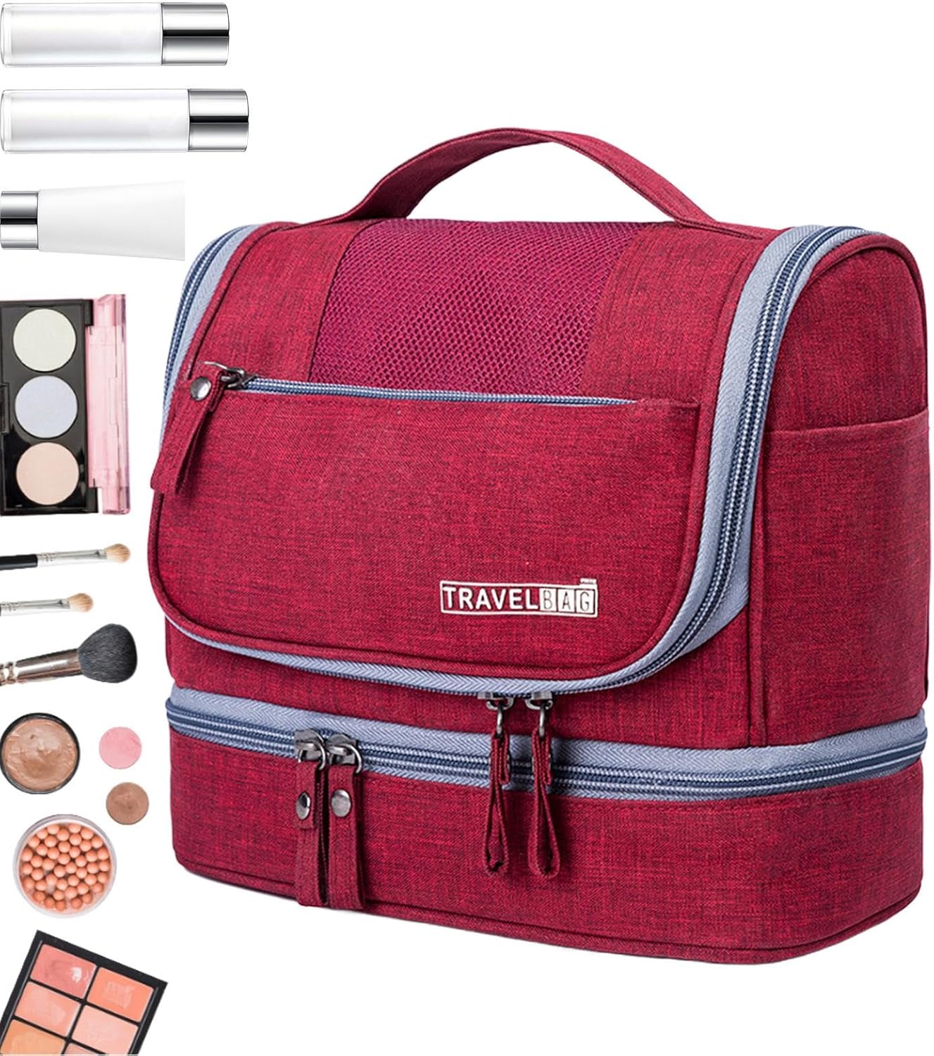 Ravel Toiletry Bag, Large Capacity Zipper Bag, Wet and Dry Separation Bag, Travel Pouch with Hook, Toiletry Organizer for Travel, Waterproof Toiletry Bag for Travel and Home Use, Wine Red, Please