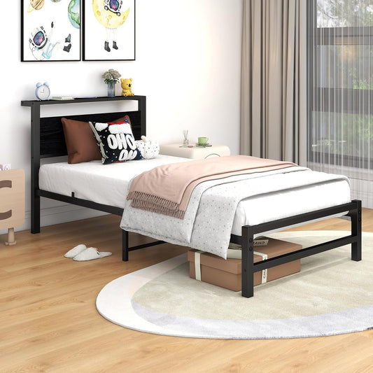 ARFARLY Twin Bed Frame with Wood Storage Headboard,Single Bed Frame Metal Platform Bed Frame Twin Size, No Box Spring Needed,Strong Slats Mattress Foundation,Easy Assembly,Black Bed Frame