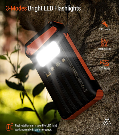 OOPOWEROO Solar Power Bank 20000mAh Built in Hand Crank and 4 Cables 22.5W Fast Charge Power Bank 5 Outputs & 5 Inputs Solar Portable Charger, SOS/Strobe/Strong Flashlights, Carabiner (Orange)