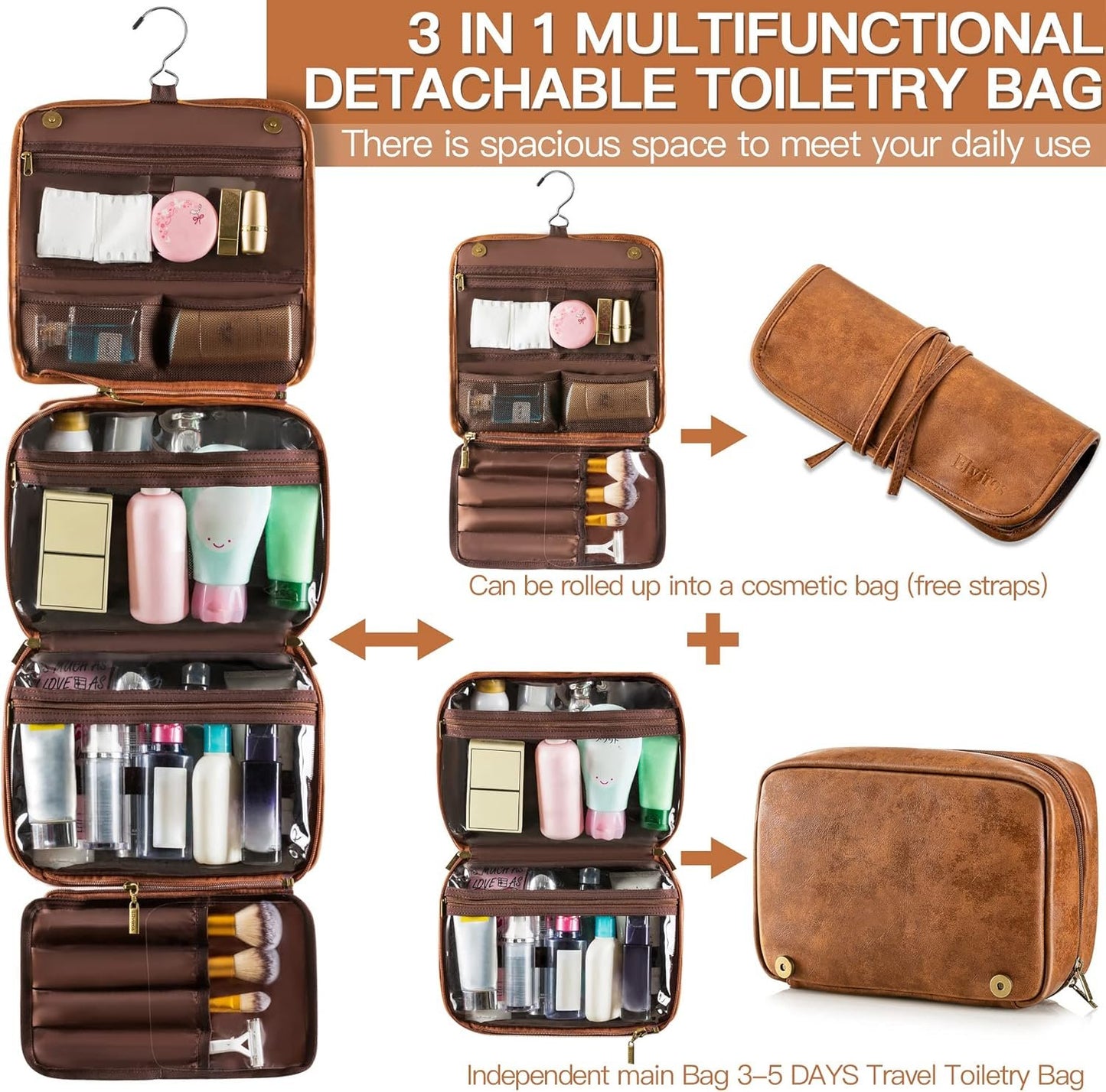 Elviros Hanging Toiletry Bag for Men and Women 3-in-1 Large Waterproof Travel Organizer PU Leather Makeup Bag Dopp Kit with Separate Compartments for Grooming Toiletries and Skincare Accessories