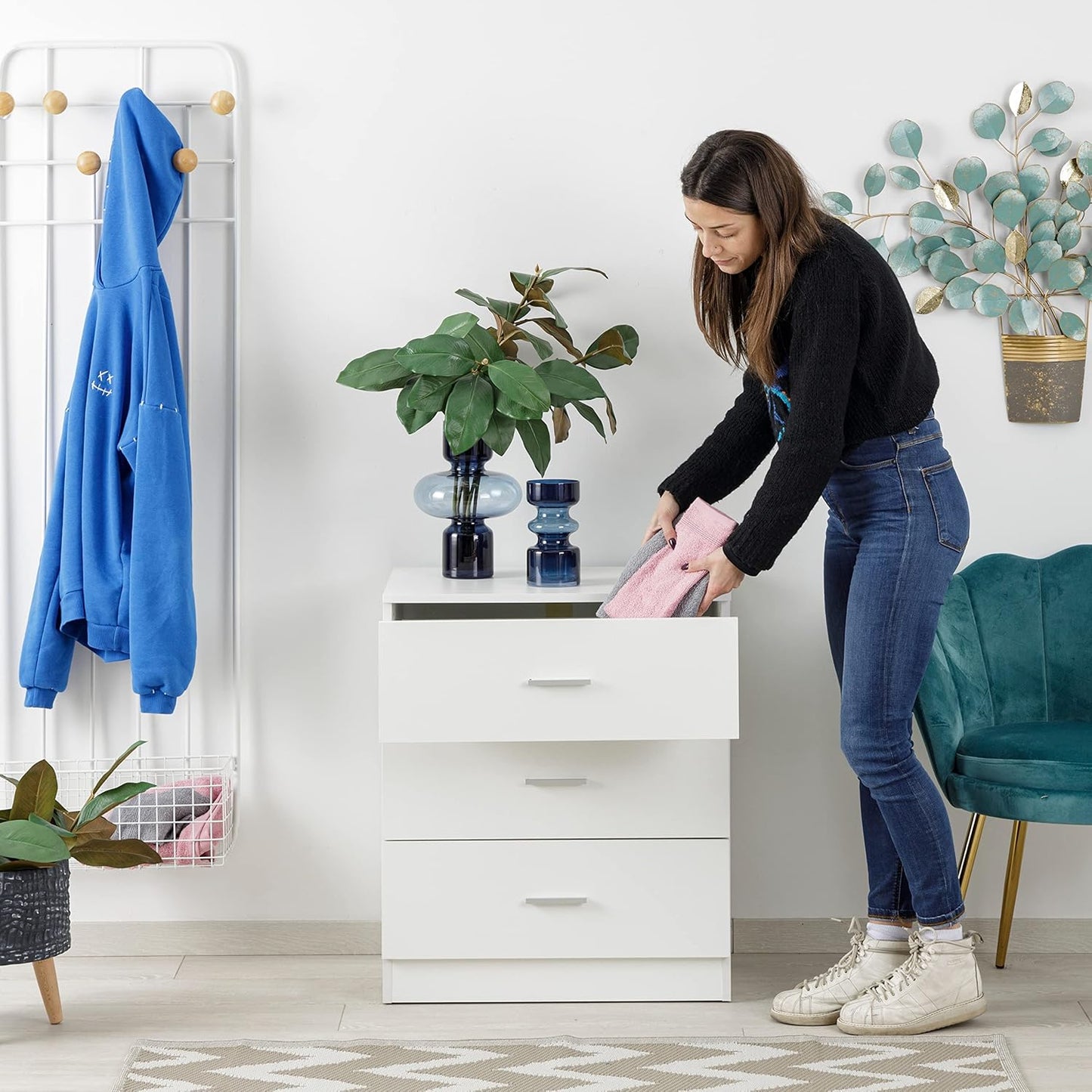 Baroni Home 3 Drawer Chest of Drawers in Melamine-Plated, Bedroom or Living Room, Modern White Furniture, 60 x 40 x 70 cm