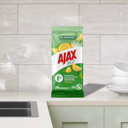 Ajax Eco Antibacterial Disinfectant Surface Cleaning Wipes, Bulk 110 Pack, Fresh Lemon, Multipurpose, Biodegradable and Compostable, Made with Bamboo Fibres