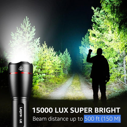 Lepro LED Torch Rechargeable, 15000 Lux Super Bright Adjustable Focus Flashlight with 5 Modes, IPX4 Waterproof, Lightweight Handheld Torch for Camping, Running.