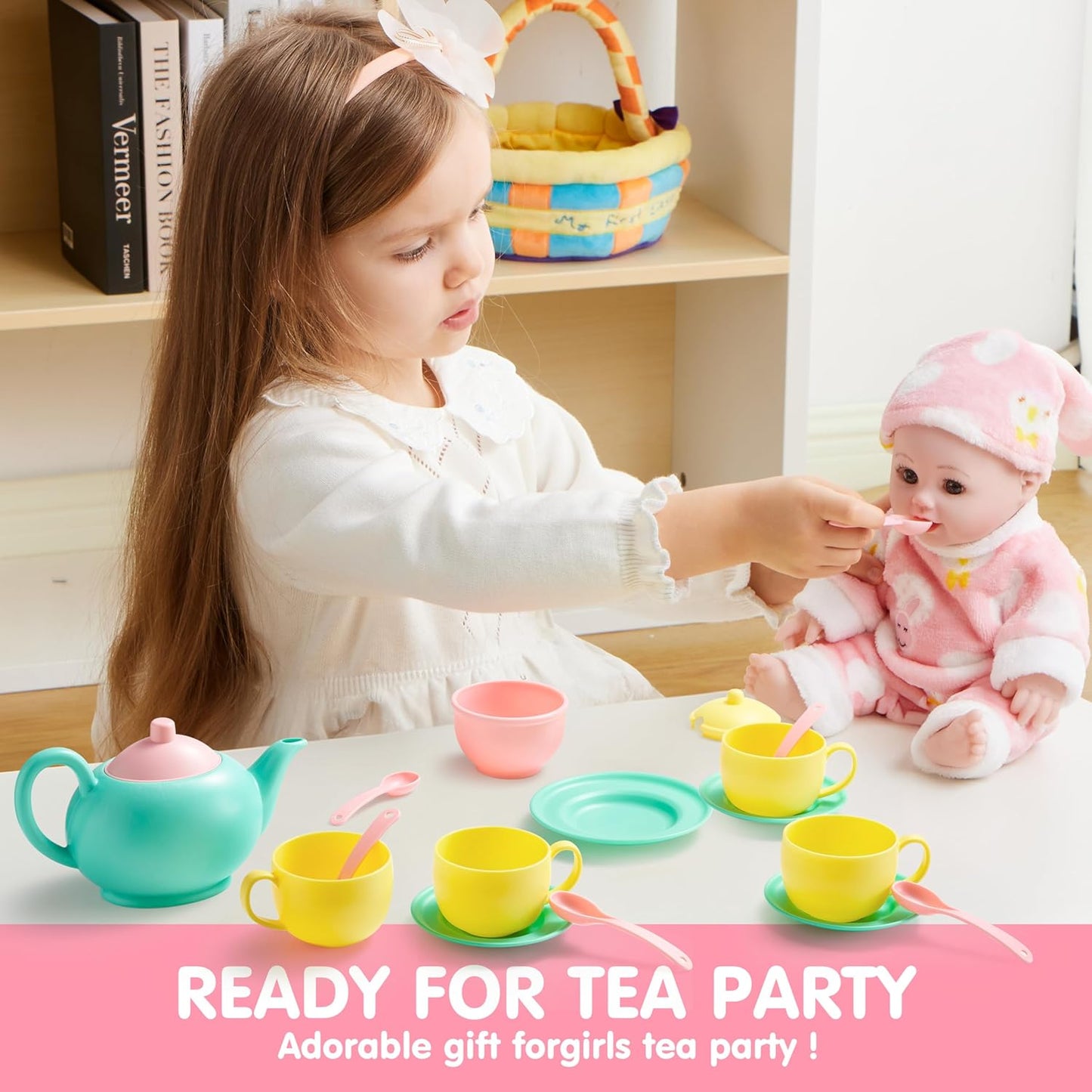 JOYIN 18PCS Pretend Play Tea Party Set for Little Girl, Play Food Toy Accessories, BPA Free, Phthalates Free, Plastic Tea Set, Mini Kitchen for Kids, Toddler Boys Girls Ages 3,4,5,6 Years Old Gifts