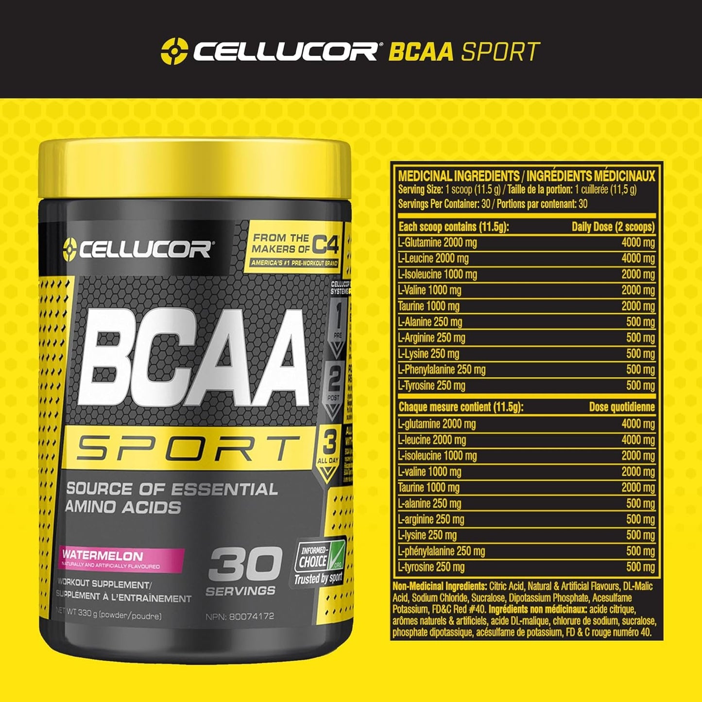 Cellucor BCAA Sport, Post-Workout Intra Workout Powder Sports Drink Supplements for Hydration Endurance & Recovery, Watermelon, 30 Servings