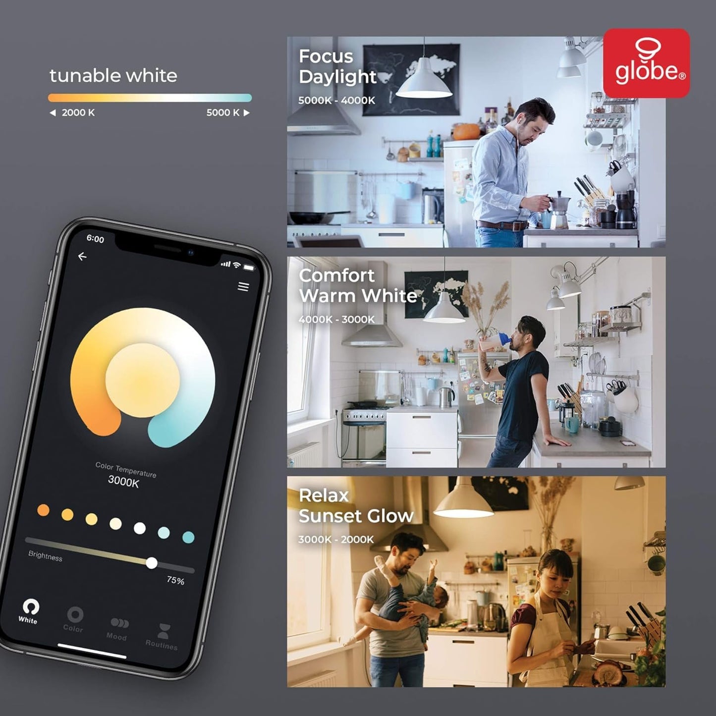 Globe Electric 34869 Wi-Fi Smart 6.5 Watt (50W Equivalent) Multicolor Changing RGB Tunable White LED Light Bulb, No Hub Required, Voice Activated, 2000K - 5000K, Energy Star, PAR20 Shape, E26 Base