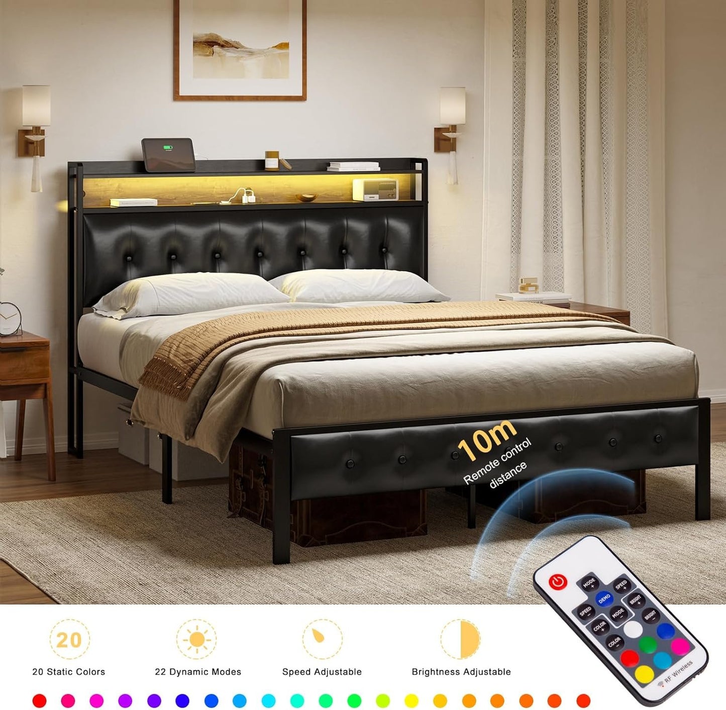 HAUSOURCE Queen Bed Frame with Storage Headboard LED Lights Charging Station Leather Upholstered Platform Bed Frame Queen Size with Non-Slip Without Noise No Box Spring Needed Black