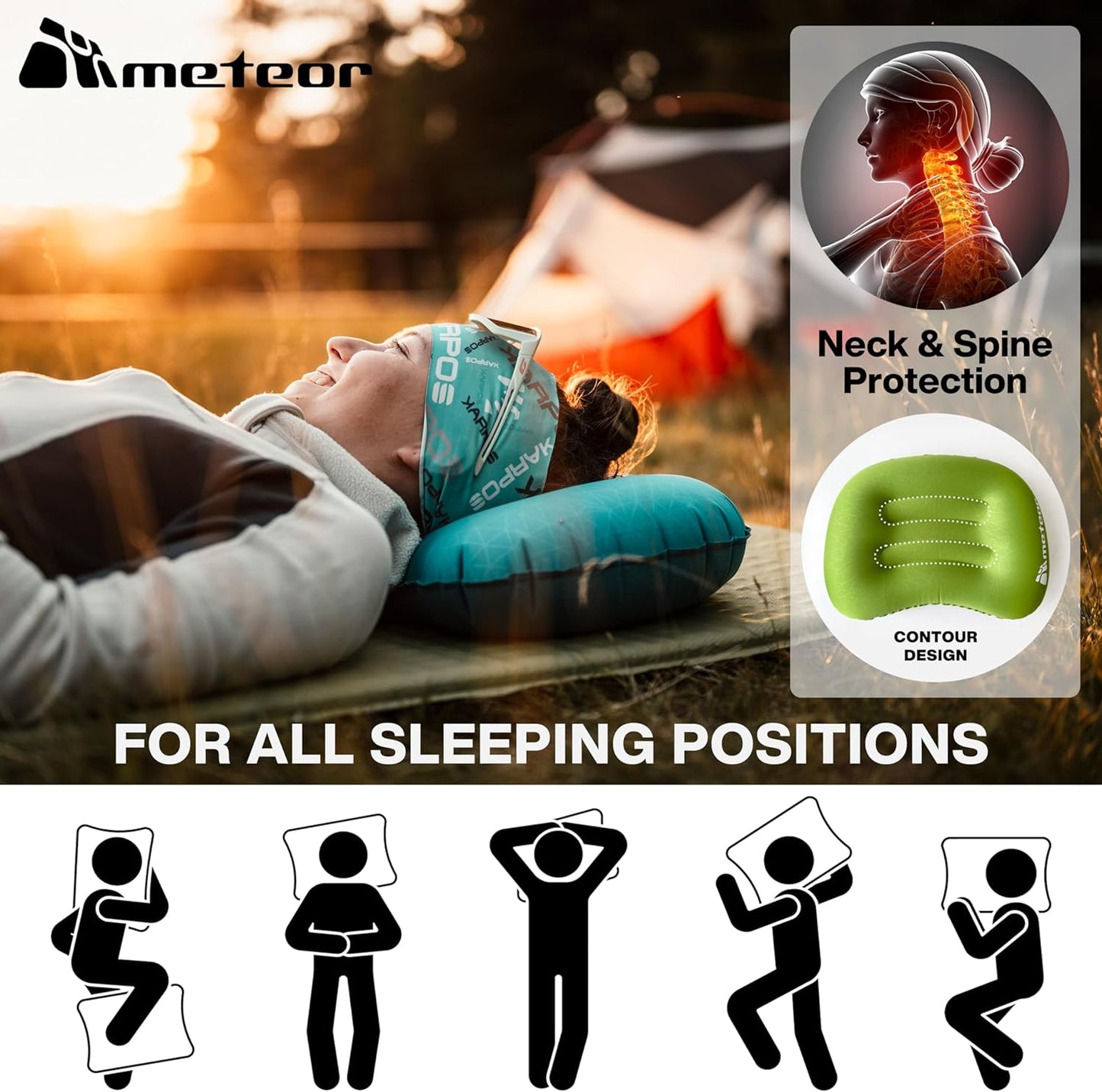 Meteor Ultralight Inflatable Camping Pillow – Compact 110g Travel Cushion for Beach, Flight, Outdoor, Lumbar, and Neck Support (Green)