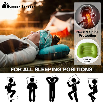 Meteor Ultralight Inflatable Camping Pillow – Compact 110g Travel Cushion for Beach, Flight, Outdoor, Lumbar, and Neck Support (Green)