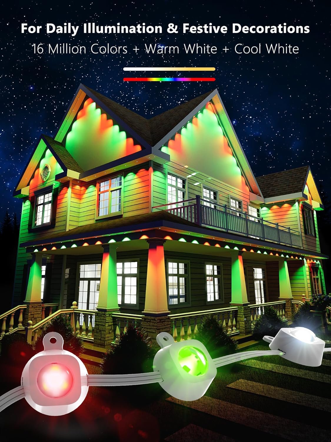 BrizLabs Permanent Outdoor Lights, 100ft 60 LED RGBCW Smart Eave Lights Work with Alexa & Google Assistant, APP Control Smart Lights IP65 Waterproof Under Eave Lighting for Christmas Halloween Easter