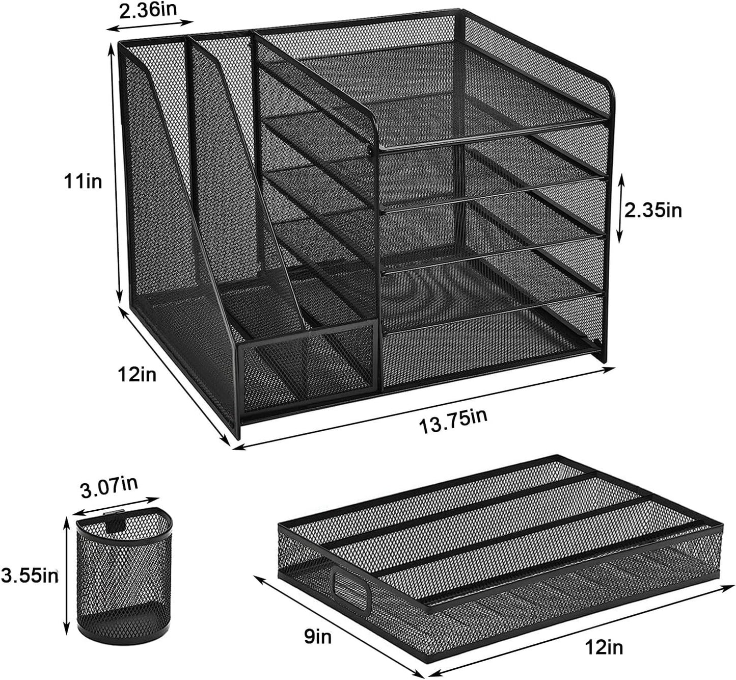 Desk Organizer with File Holder, 5-Tier Letter Paper Tray Organizer with Drawer & 2 Pen Holders, Desk Organizers and Accessories, Mesh Desktop File Organizer and Storage for Office Supplies
