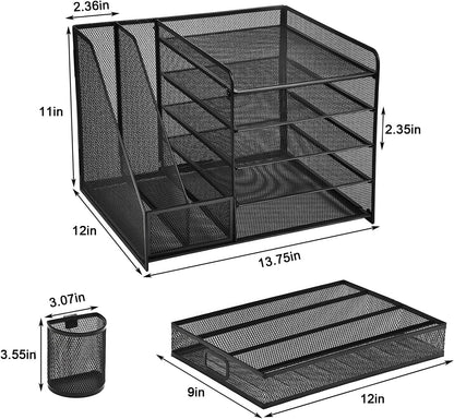 Desk Organizer with File Holder, 5-Tier Letter Paper Tray Organizer with Drawer & 2 Pen Holders, Desk Organizers and Accessories, Mesh Desktop File Organizer and Storage for Office Supplies