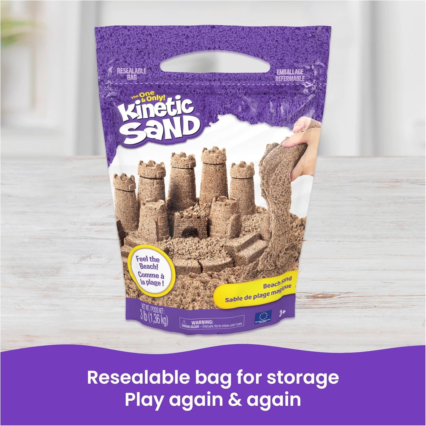 Kinetic Sand, 3lbs Beach Play Sand, Moldable Sensory Toys for Kids, Resealable Bag (Packaging May Vary), for Ages 3 and up