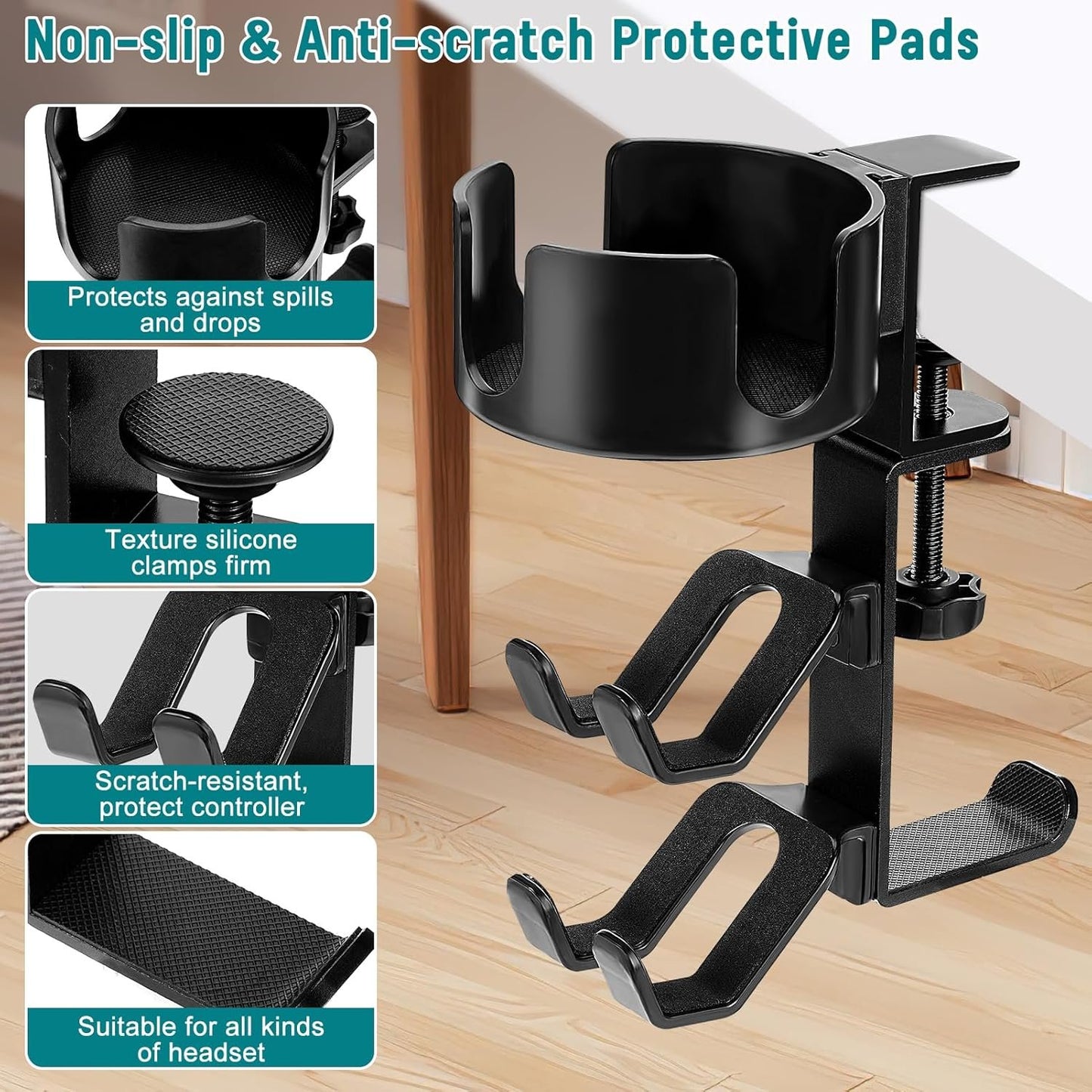 welltop 4 in 1 Controller Holder with Desk Cup Holder & Headphone Hanger, Rotatable Under Desk Clamp Controller Holder Dual Gamepad Headset Stand Gaming Desk Accessories for Xbox, PS4, PS5, PC, Switch