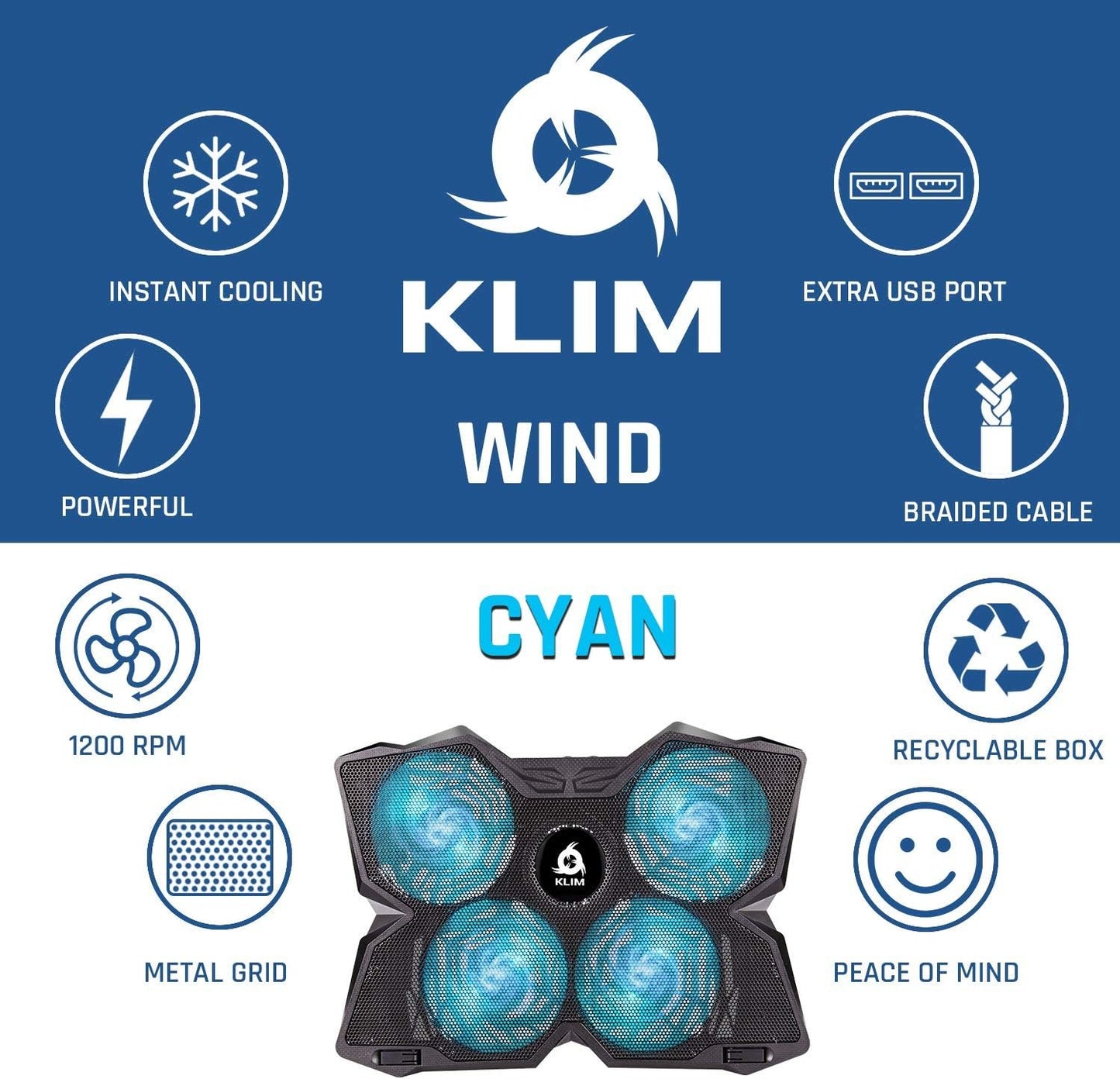 KLIM Wind - Laptop Cooling Pad - The Most Powerful Rapid Action Cooling Fan - Laptop Stand with 4 Cooling Fans at 1200 RPM - USB Fan - Compatible New Version - Cyan