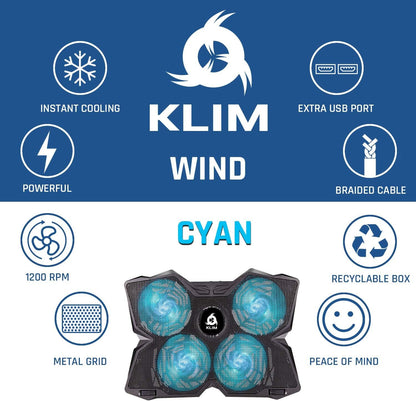 KLIM Wind - Laptop Cooling Pad - The Most Powerful Rapid Action Cooling Fan - Laptop Stand with 4 Cooling Fans at 1200 RPM - USB Fan - Compatible New Version - Cyan