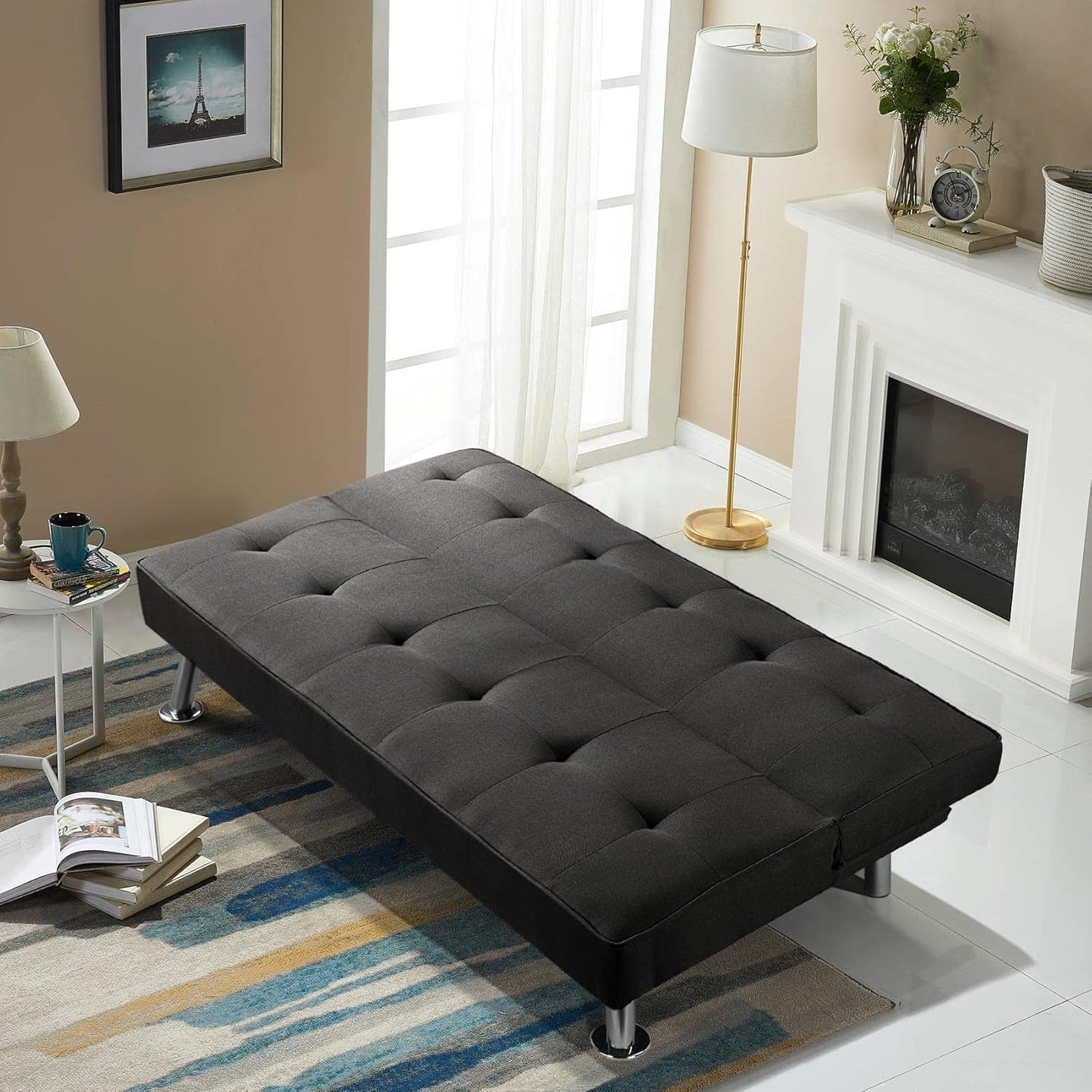 Yaheetech Sofa Bed Convertible Sofa Bed 3-Seater Padded Furniture Reclining Sofa with Metal Legs for Living Room Guest Bedroom Black/Fabric