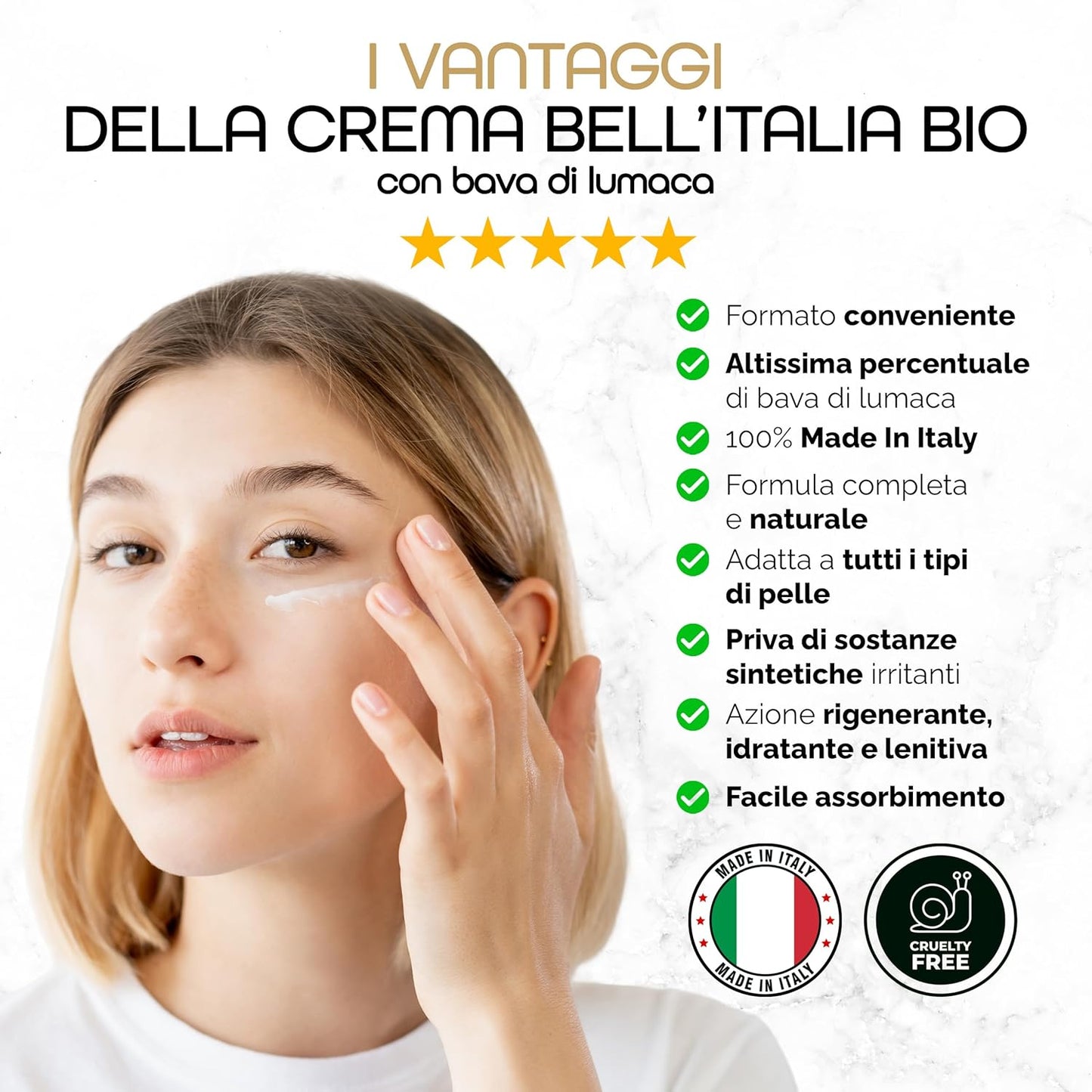 Anti-Wrinkle Face Cream with Snail Slime, Hyaluronic Acid, Vitamin E – Regenerating and Brightening with Aloe Vera – Multifunctional Anti-Aging Treatment for Blemishes and Dyschromias – Made in Italy