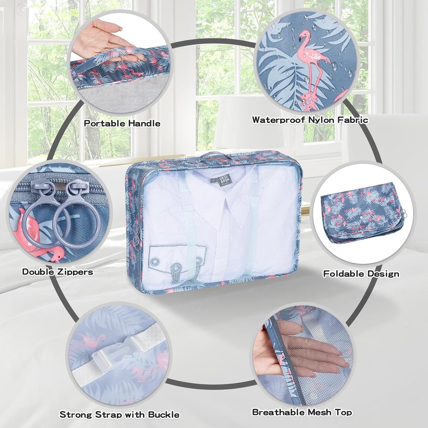 sprecenk Travel Suitcase Organizer 10 Pieces, Large Capacity Travel Organizer Packing Cubes Lightweight Organizer Suitcase Cubes Travel Cube for Clothes Underwear, Flamingo Grey