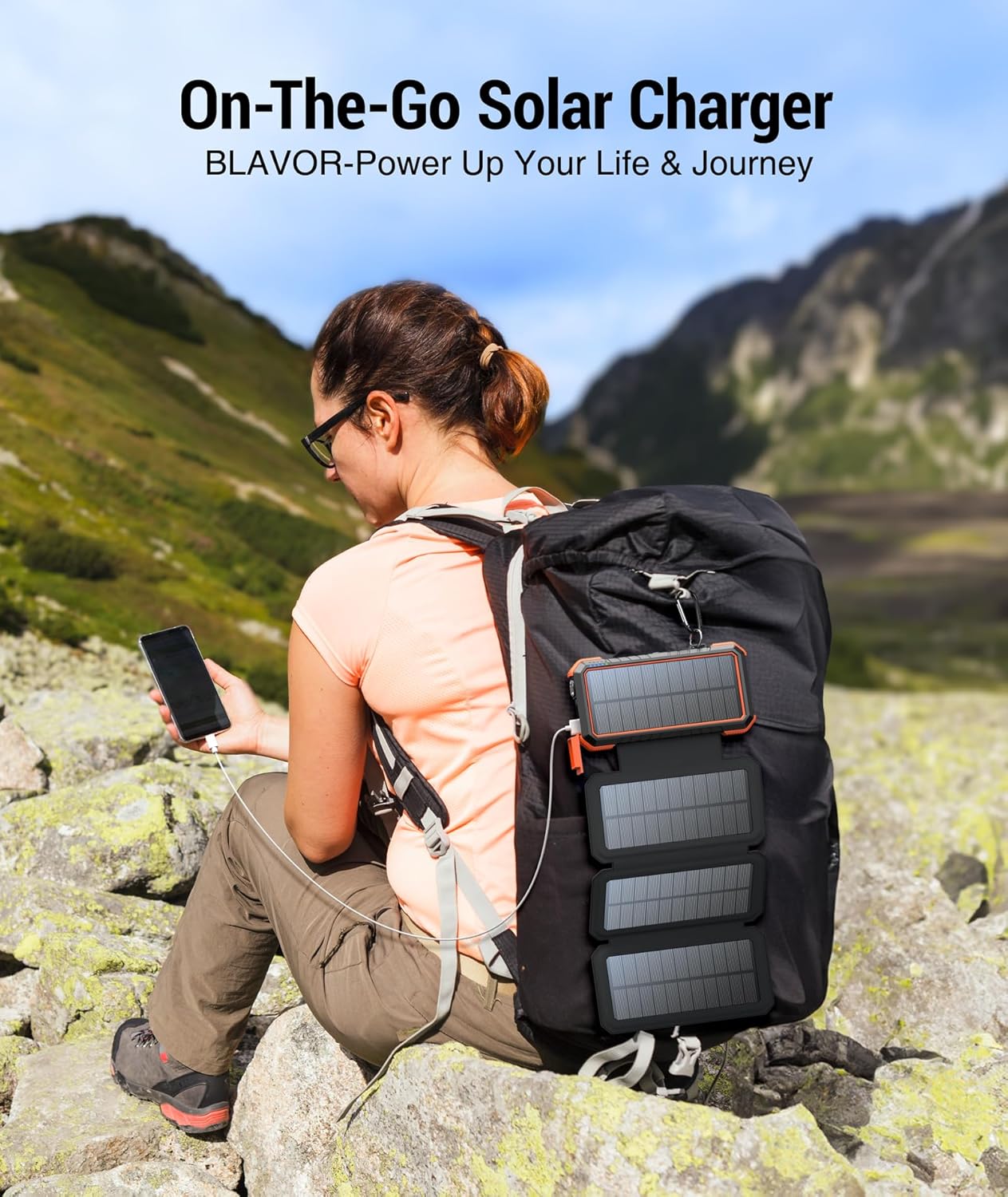 BLAVOR Solar Charger Power Bank,PD 18W QC3.0 Fast Charging 20000mAh Solar Powered Powerbank with 4 Foldable Panels, Type C Input/Output, Camping Light SOS Flashlight, Compass Carabiner