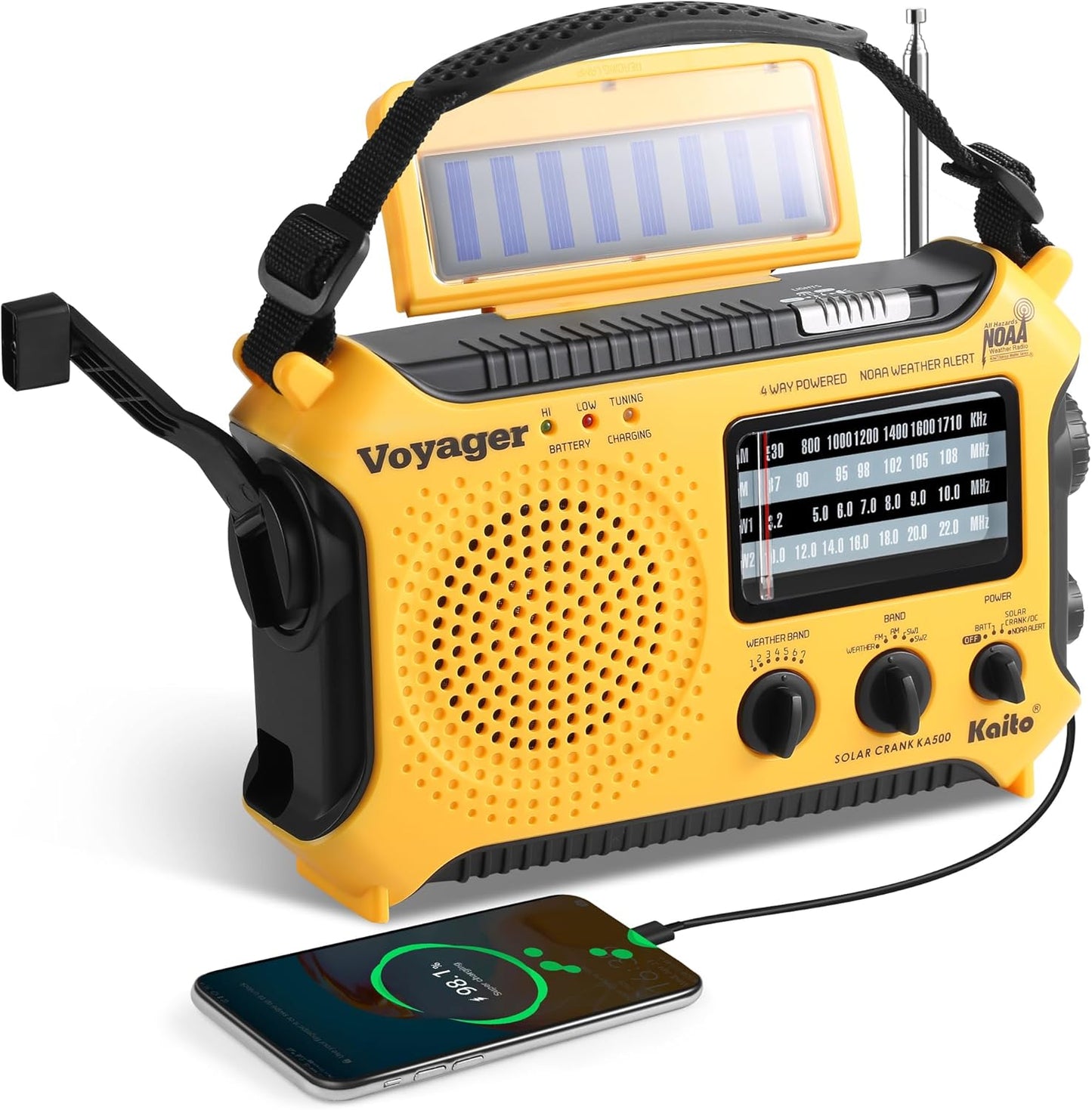 Kaito KA500 5-Way Powered Solar Power,Dynamo Crank, Wind Up Emergency AM/FM/SW/NOAA Weather Alert Radio with Flashlight,Reading Lamp and Cellphone Charger, Yellow