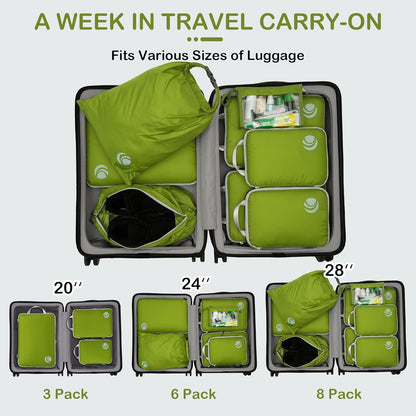Cipway Compressor Organizer Suitcase, Expandable Travel Bag, Ultralight Space-Saving Travel Organizer for Clothes for Backpacks or Hand Luggage (Green, 8 Pieces)