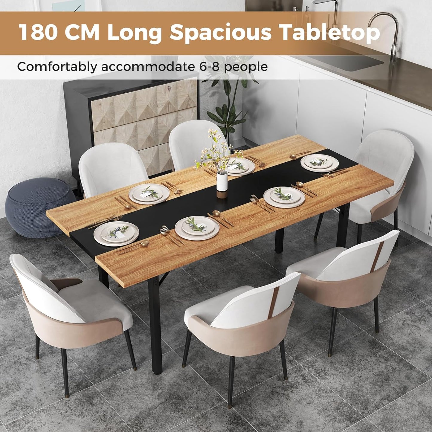 Giantex 180 cm Dining Table for 6-8 People, 180 cm Long Large Wood Dinner Table w/Heavy-Duty Metal Frame, Storage Rack, Industrial Rectangular Dinette Table