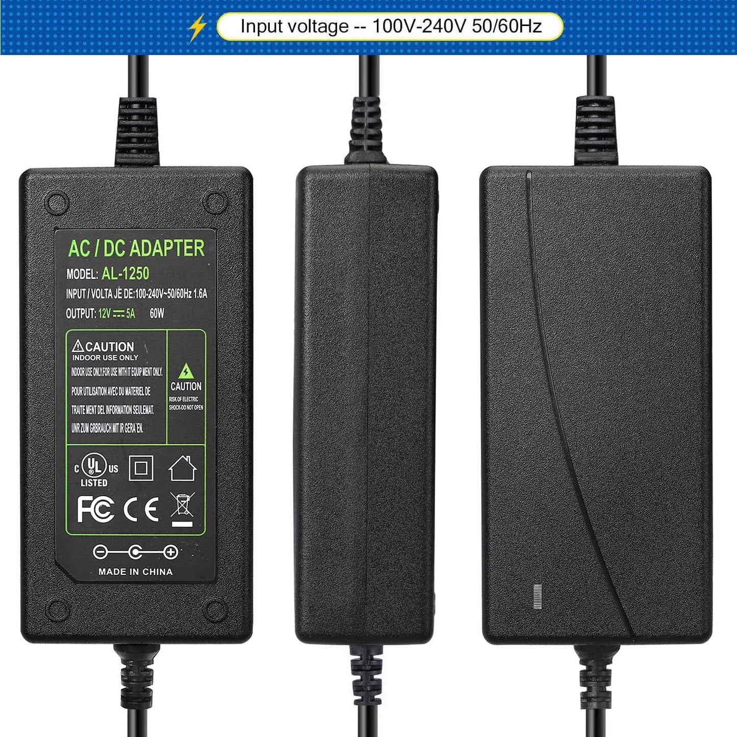 12V 5A AC 100-240V to DC 12V 5A 60W Power Supply for LED Strip Lights DVD TV Amplifier Camera System - Euro Plug