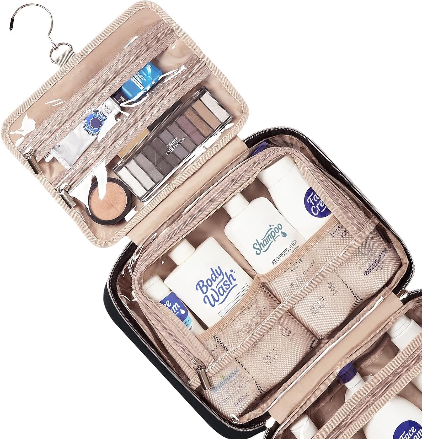 NISHEL Travel Toiletry Bag for Women, Portable Hanging Organizer for Full-Sized Shampoo, Conditioner, Brushes Set, Travel-Size Accessories