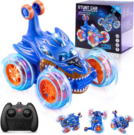 Remote Control Car for Kids, 360° Rotating 4WD Stunt RC Cars with Cute Cool LED Lights, 2.4GHz Shark Race Car Toy USB Direct Charging RC Cars Birthday Gifts for Kids Boys Grils Age 3-10 Birthday Gift