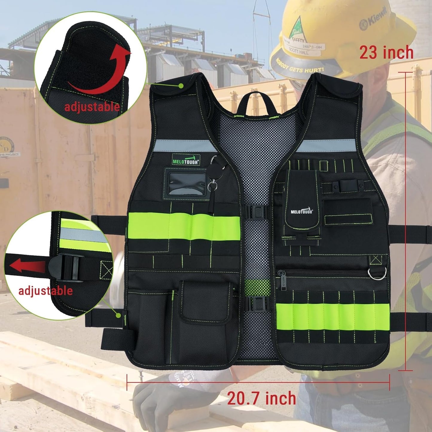 MELOTOUGH Tool Vest Safety Work Vest with Adjustable Straps,Removable Phone Holder for Electrician,Construction,Carpenters