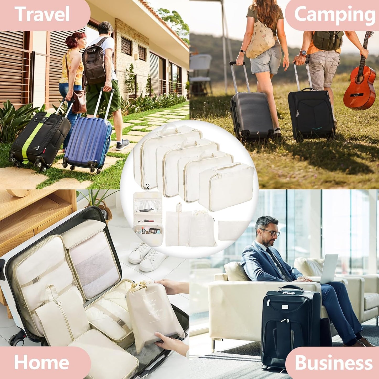 Onlyesh 11 Pieces Waterproof Suitcase Organizer Suitcase Space-Saving with 3 Liquid Travel Containers, Set Organizer Suitcase for Clothes, Cosmetics, Shoes, Underwear, Beige