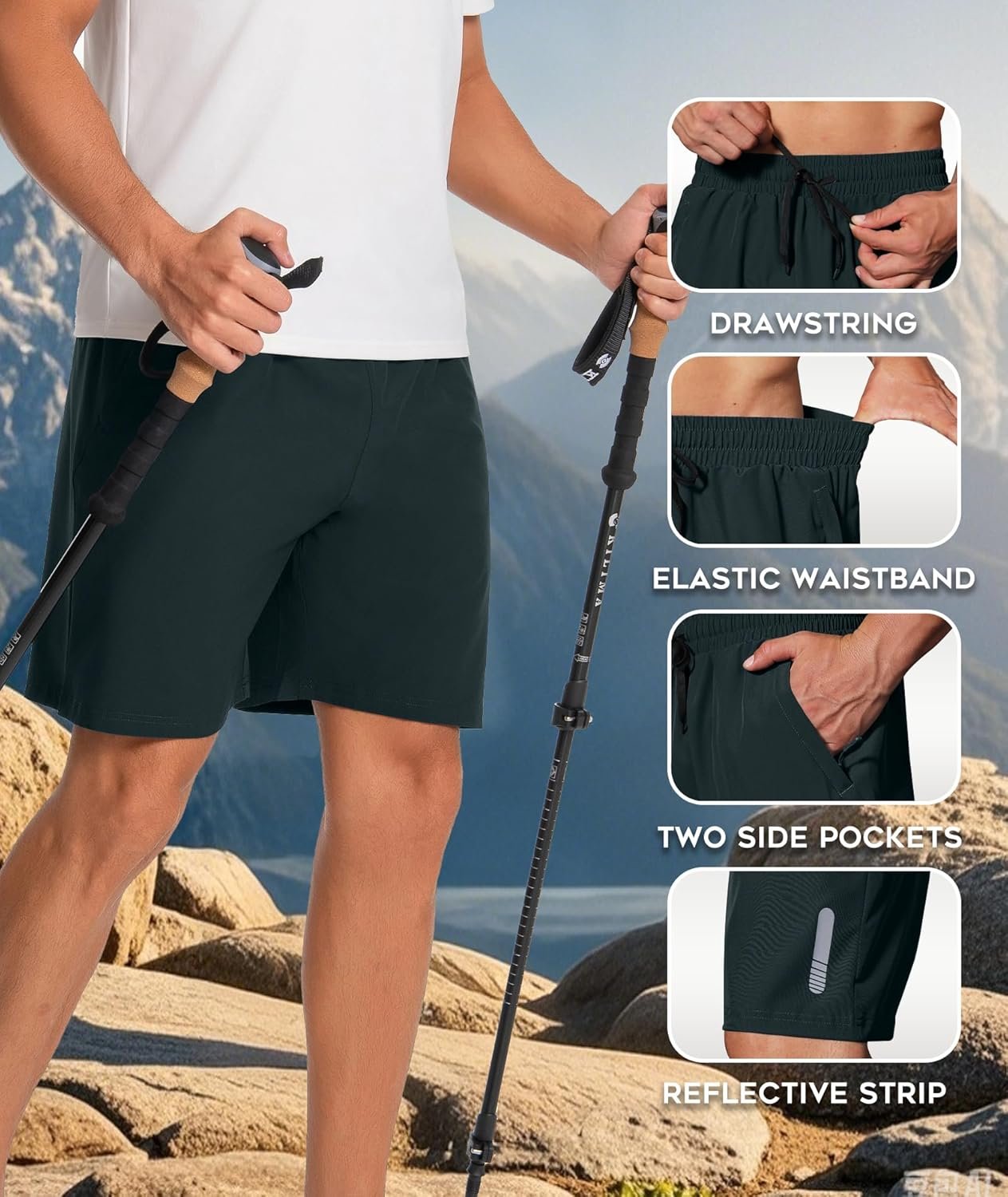 Boyzn Men's 2 Pack 5"/7" Quick-Dry Hiking Shorts Elastic Waist & Zipper Pockets, Outdoor Travel Casual