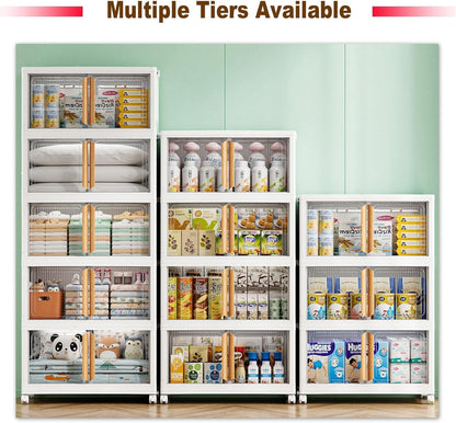 Storage Bins with Lids - 4-Tier Closet Organizer Stackable Bathroom & Bedroom Boxes, Space-Saving Water-Resistant Storage Box with Handles & Wheels for Toilet, Dorm, Home Organization