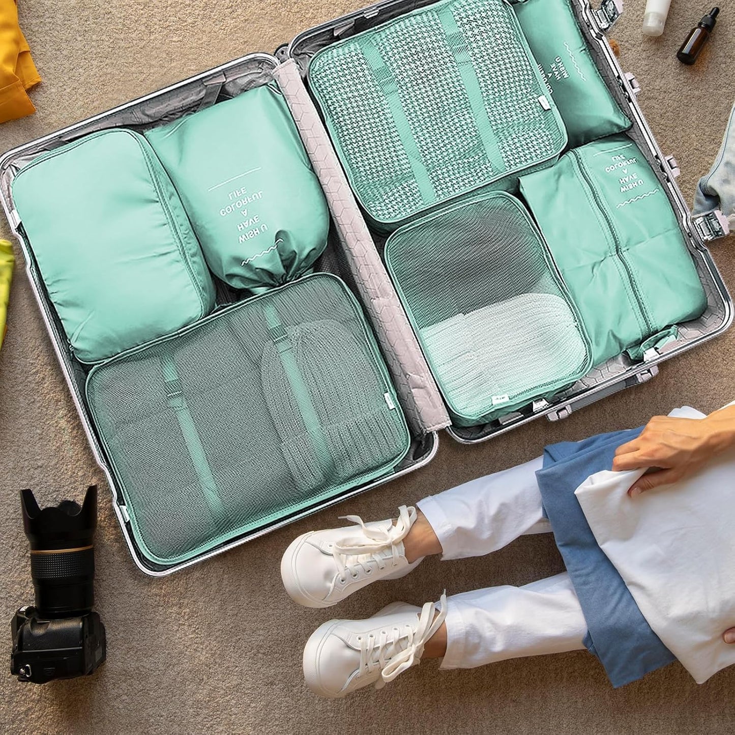 LPAOIS 12 Pieces Travel Suitcase Organizer Set, Travel Cube System, Separators Travel Pouches, Packing Cubes, Storage Case Set for Clothes, Shoes, Underwear (Blue)